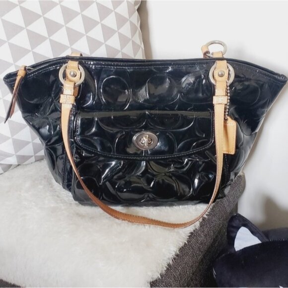 COACH Leah Signature Y2K Black Embossed Patent & Tan Leather Tote Bag - Picture 2 of 8